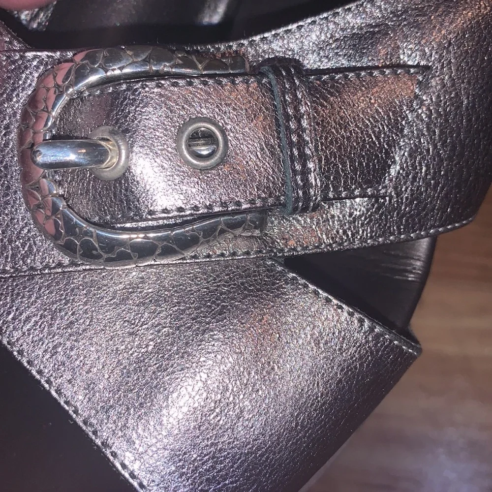 Brighton Italy metallic pewter leather horsebit buckle cork wedge slide sandals